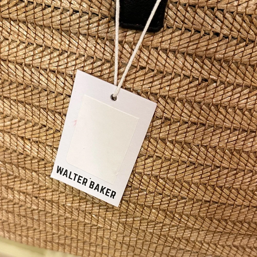 Walter Baker Delaney Woven Tote Bag Tan Black Raffia Leather Trim Boho Resort